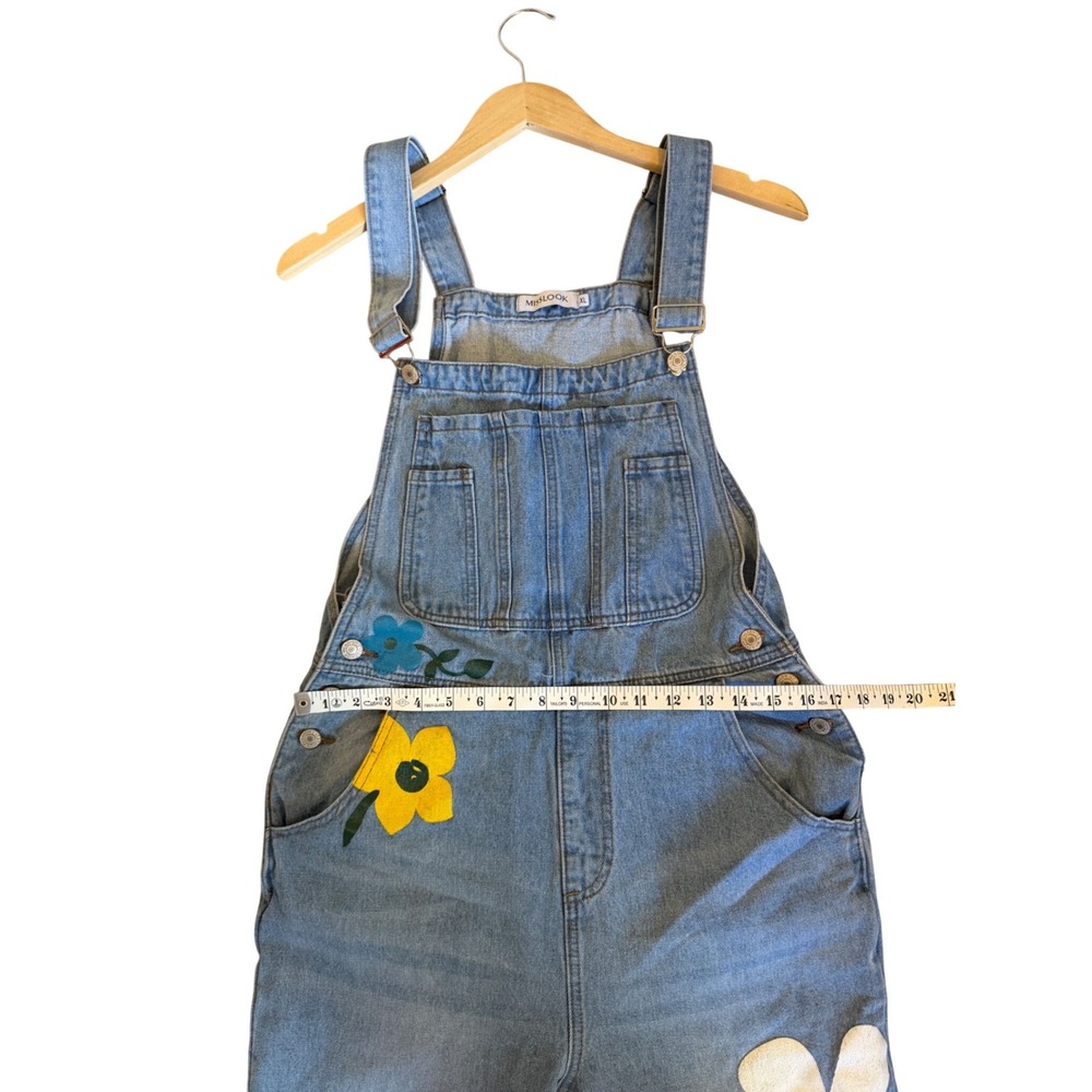 Floral Painted Denim Overalls Light Wash Boho Bib Jumpsuit Womens XL - Picture 9 of 10